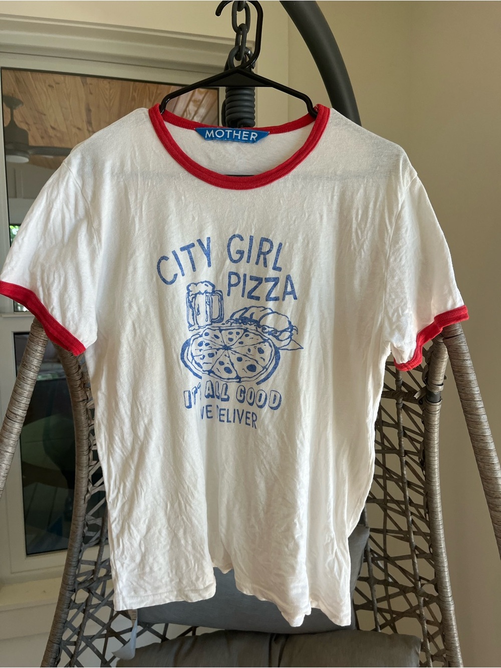 MOTHER White 'City Girl Pizza' The Lil’ Goodie Graphic Ringer Tee with Red Trim - Picture 6 of 7